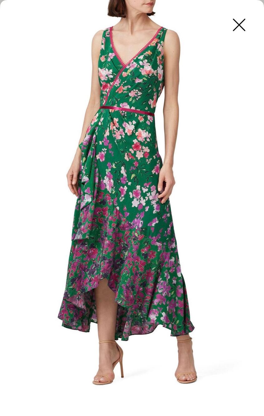 MARCHESA NOTTE Emerald Green Floral Printed Bow Tie Maxi Dress Gown size 2